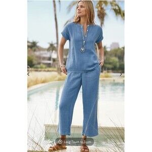 J.JILL Pure Cotton-Gauze Henley Top and‎ Cropped Pants Size Petite XL Blue NEW